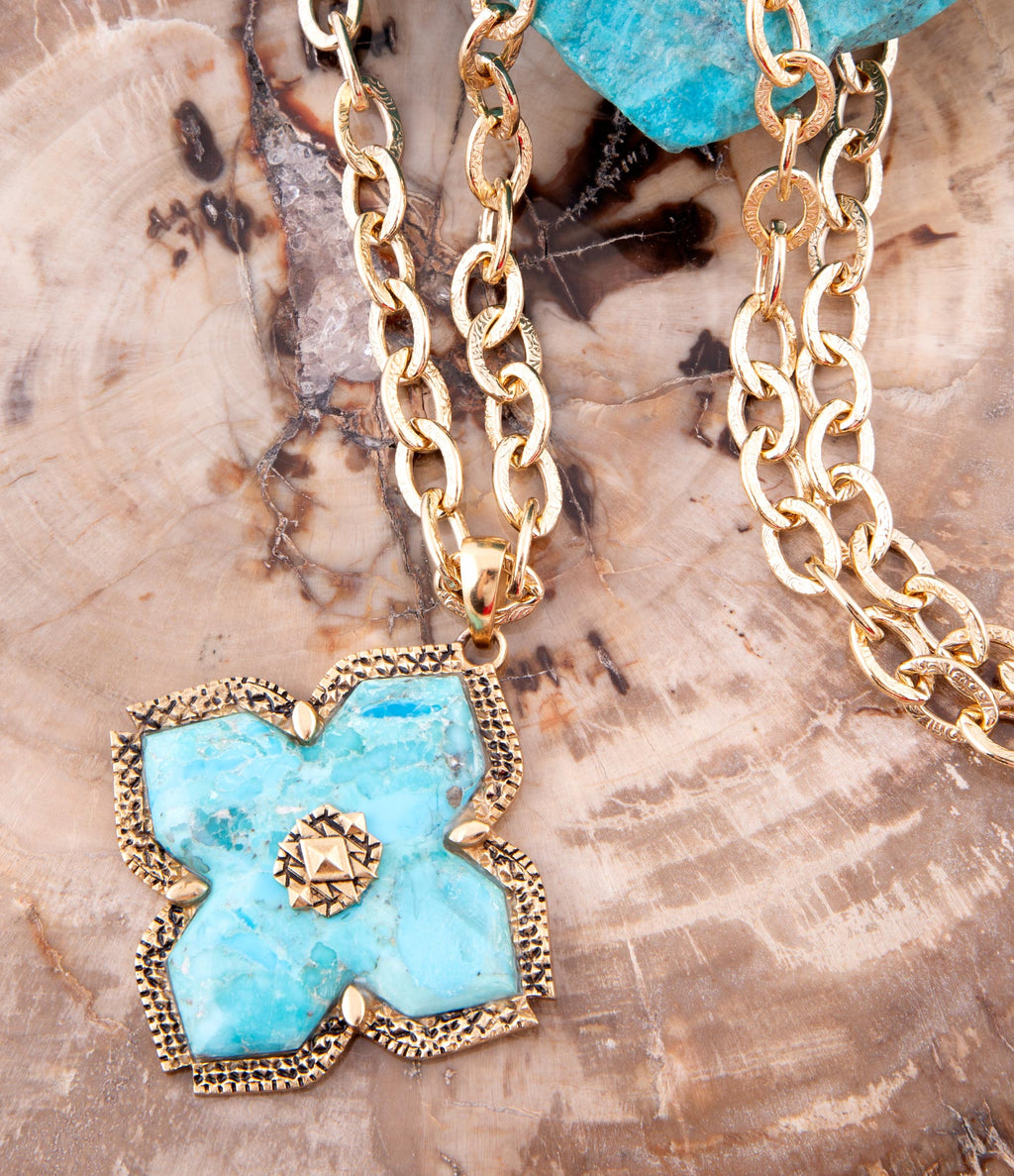 Blue Turquoise Maltese Cross Golden Pendant Necklace Necklaces La Vie Bien Blue Turquoise Maltese Cross Golden Pendant Necklace