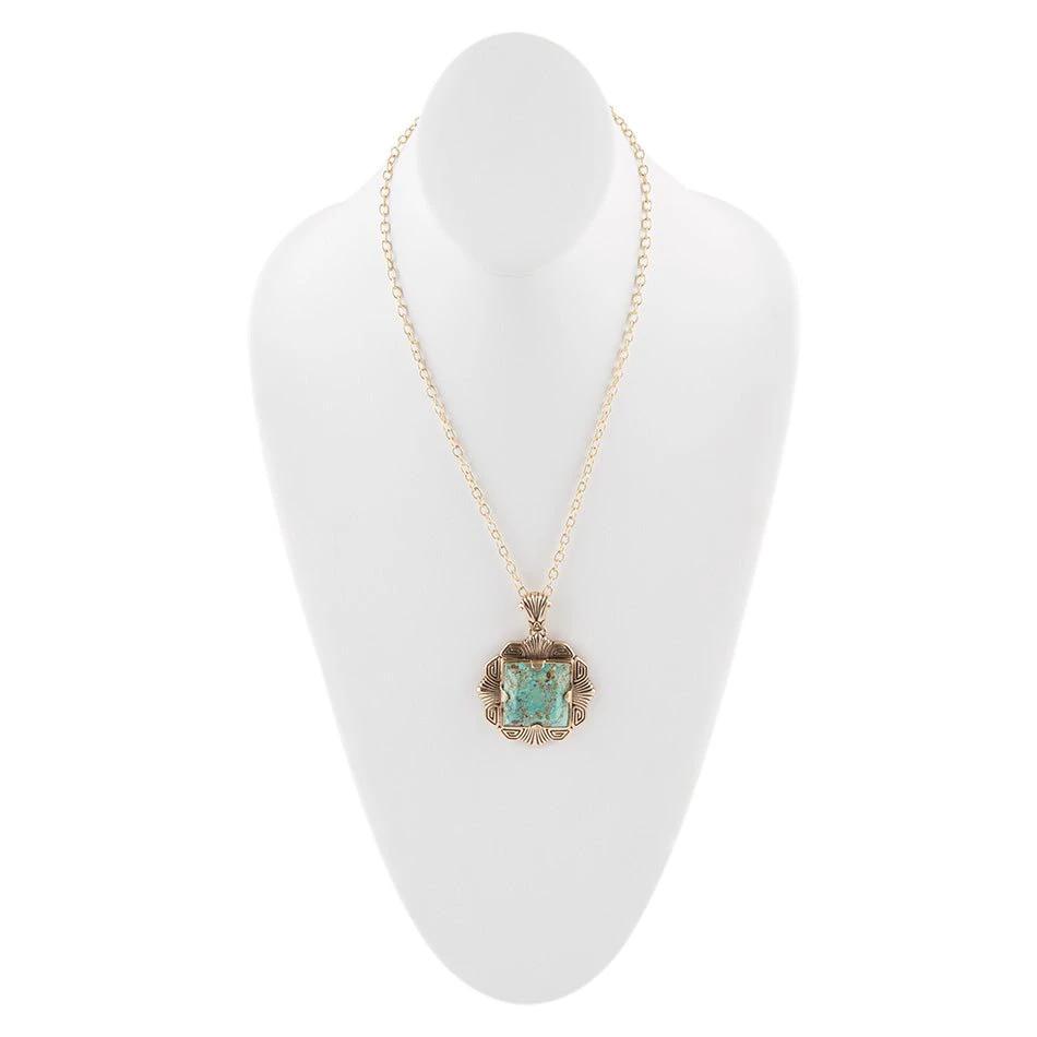 Blue Turquoise Square Golden Pendant Necklace by Barse Jewelry