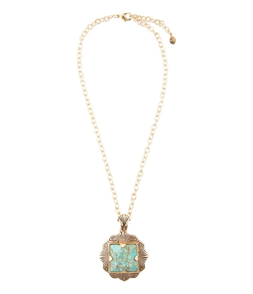 Blue Turquoise Square Golden Pendant Necklace by Barse Jewelry