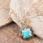 Blue Turquoise Square Golden Pendant Necklace by Barse Jewelry