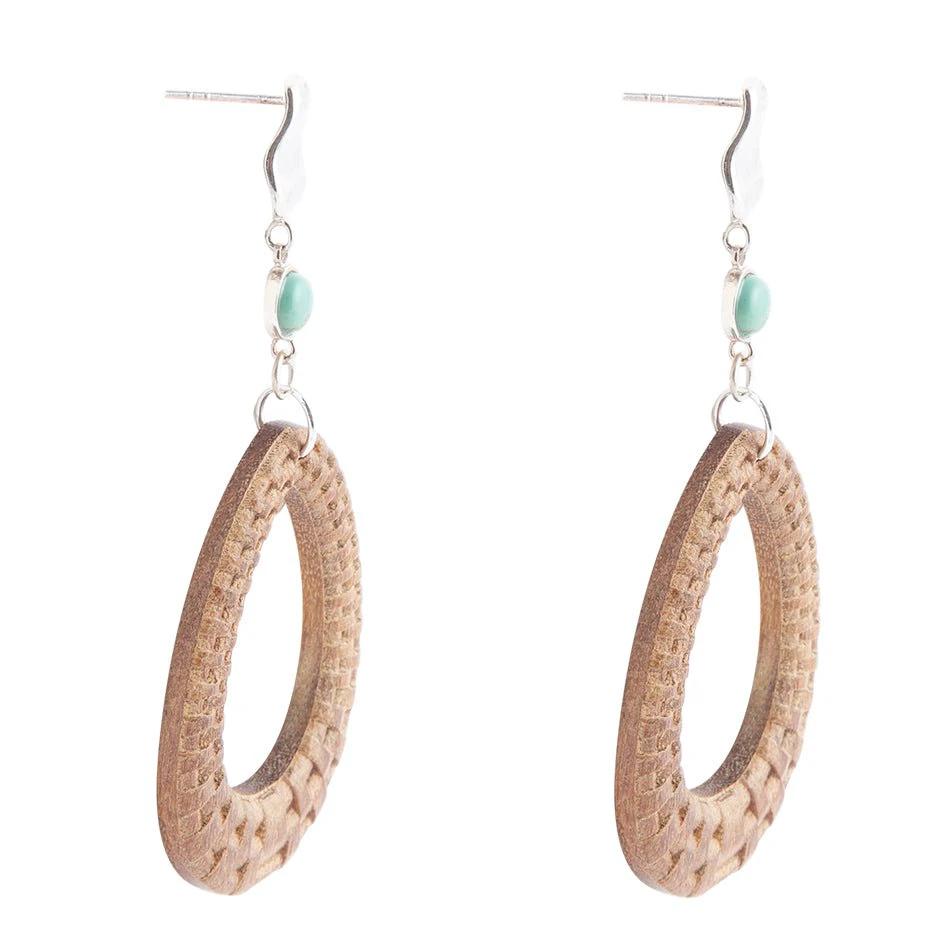 Blue Turquoise Top Carved Wood Sterling Silver Earrings by Barse Jewelry