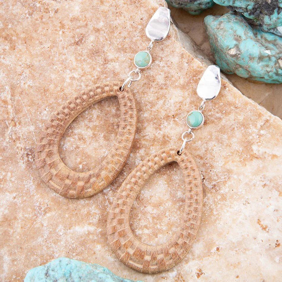 Blue Turquoise Top Carved Wood Sterling Silver Earrings by Barse Jewelry