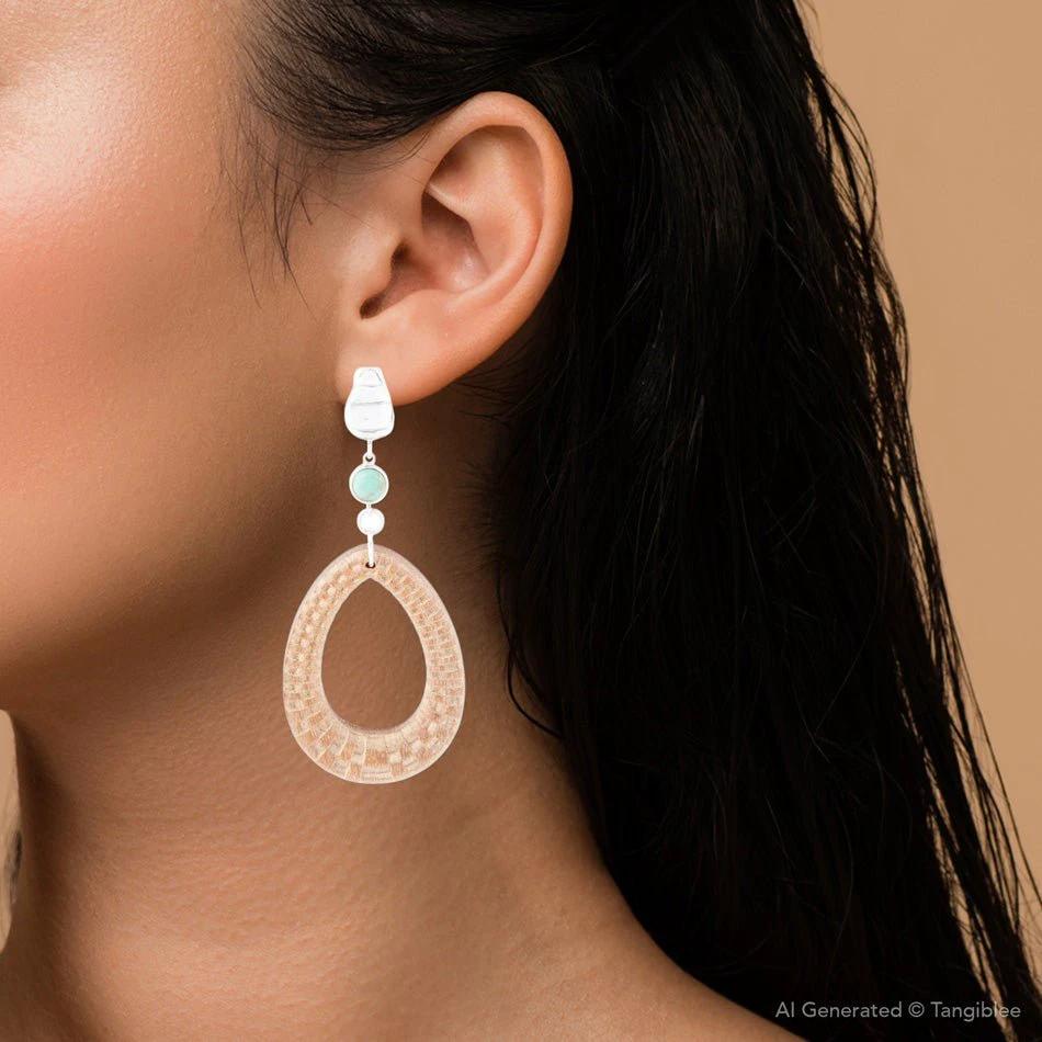 Blue Turquoise Top Carved Wood Sterling Silver Earrings by Barse Jewelry