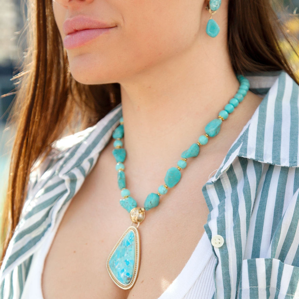 Blue Turquoise Triangle Golden Pendant Necklace Necklaces La Vie Bien Blue Turquoise Triangle Golden Pendant Necklace