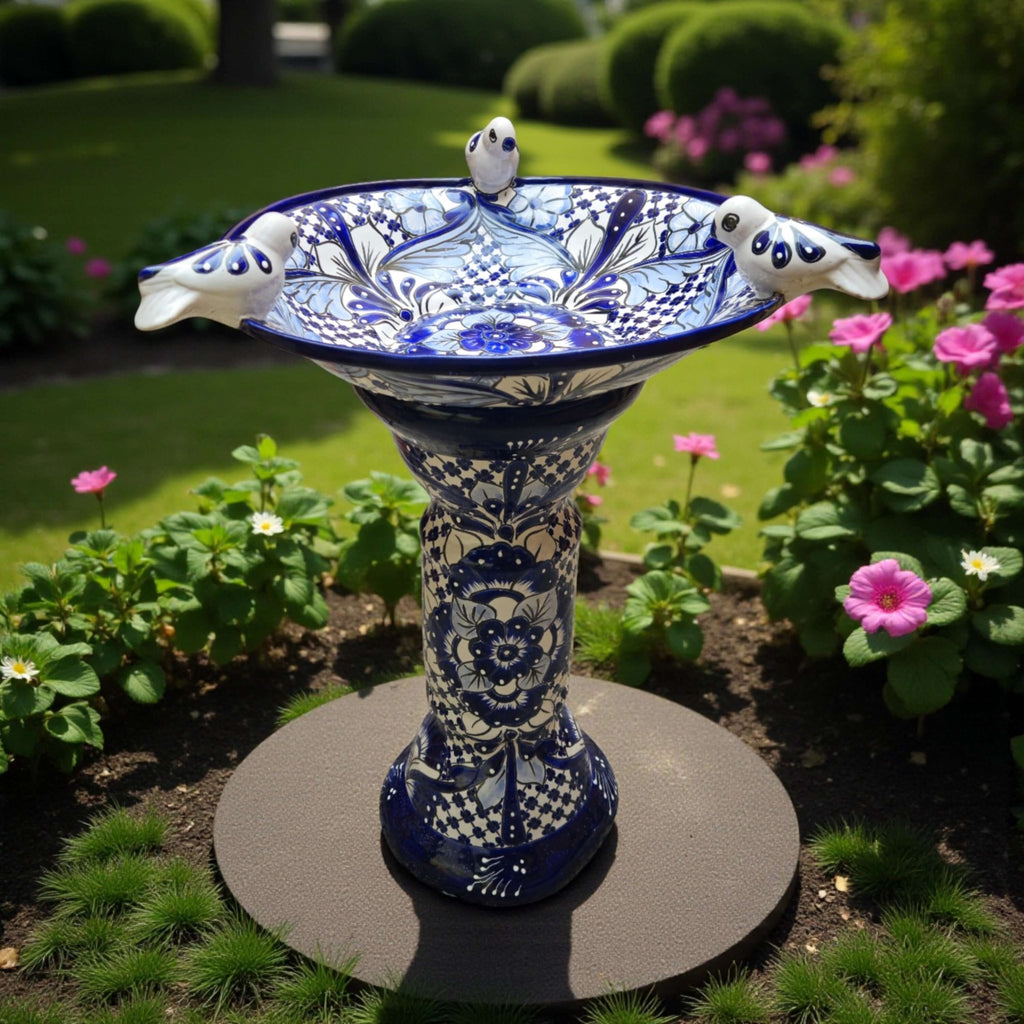 Blue & White Talavera Bird Bath with Rim Birds | Mexican Garden Art Talavera Bird Bath La Vie Bien Blue & White Talavera Bird Bath with Rim Birds | Mexican Garden Art