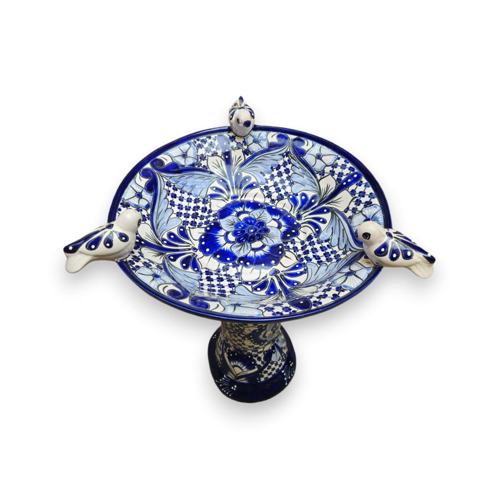 Blue & White Talavera Bird Bath with Rim Birds | Mexican Garden Art Talavera Bird Bath La Vie Bien Blue & White Talavera Bird Bath with Rim Birds | Mexican Garden Art
