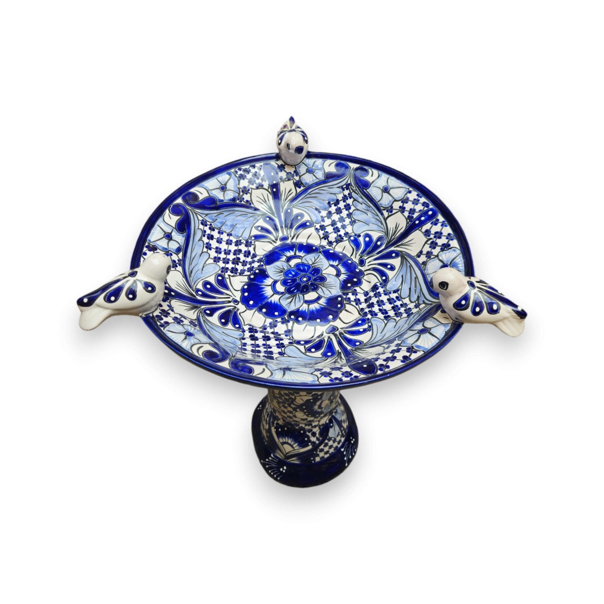 Blue & White Talavera Bird Bath with Rim Birds | Mexican Garden Art Talavera Bird Bath La Vie Bien Blue & White Talavera Bird Bath with Rim Birds | Mexican Garden Art