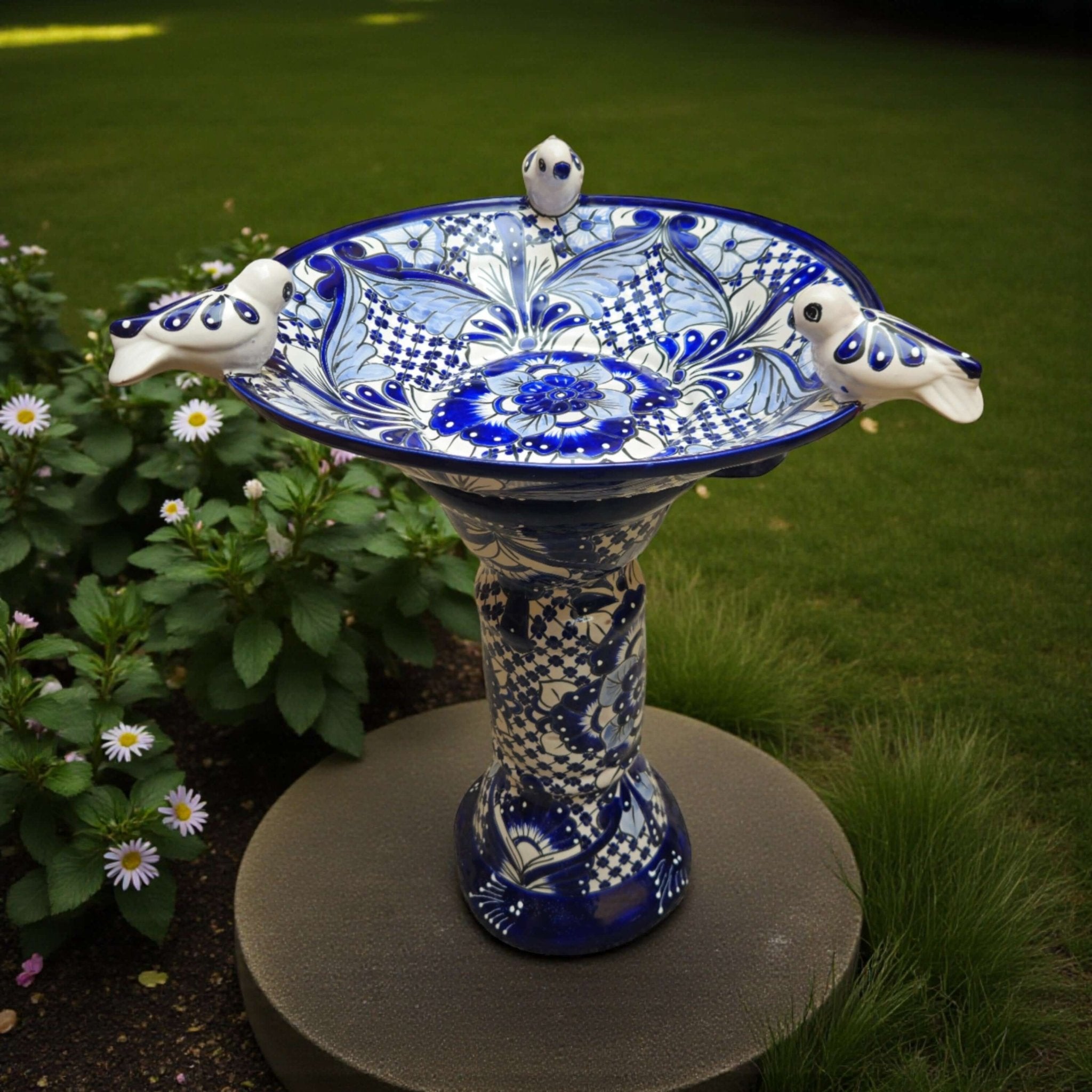 Blue & White Talavera Bird Bath with Rim Birds | Mexican Garden Art Talavera Bird Bath La Vie Bien Blue & White Talavera Bird Bath with Rim Birds | Mexican Garden Art