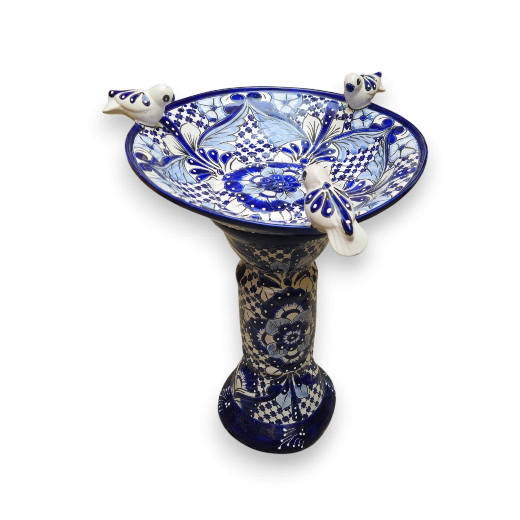 Blue & White Talavera Bird Bath with Rim Birds | Mexican Garden Art Talavera Bird Bath La Vie Bien Blue & White Talavera Bird Bath with Rim Birds | Mexican Garden Art