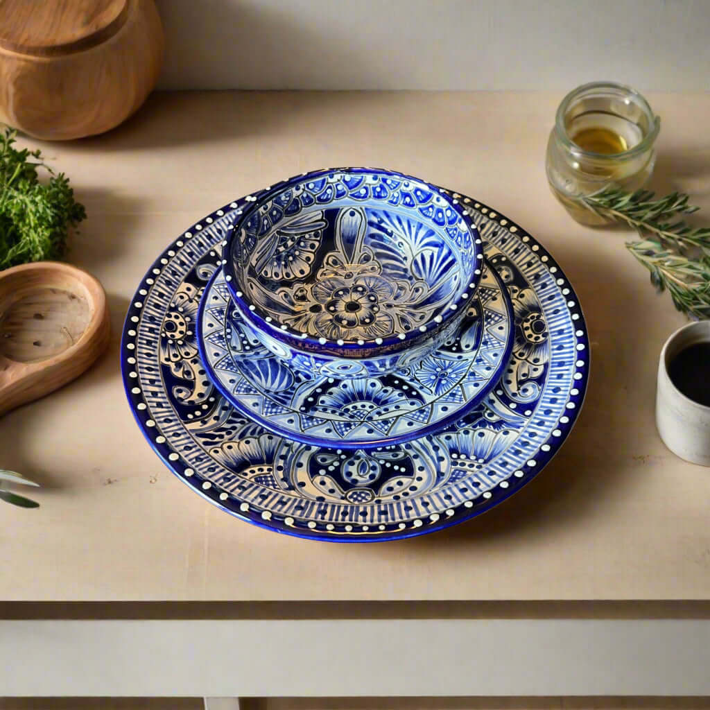 Blue & White Talavera Dinnerware Set | 12-Piece Set for 4 Talavera Dinnerware Set La Vie Bien Blue & White Talavera Dinnerware Set | 12-Piece Set for 4