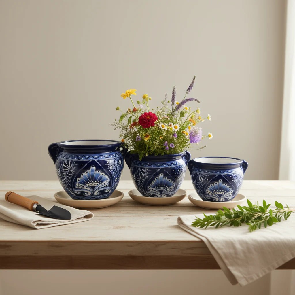 Blue & White Talavera Planter Trio | Hand - Painted Pot Set Talavera Flower Pot La Vie Bien Blue & White Talavera Planter Trio | Hand - Painted Pot Set