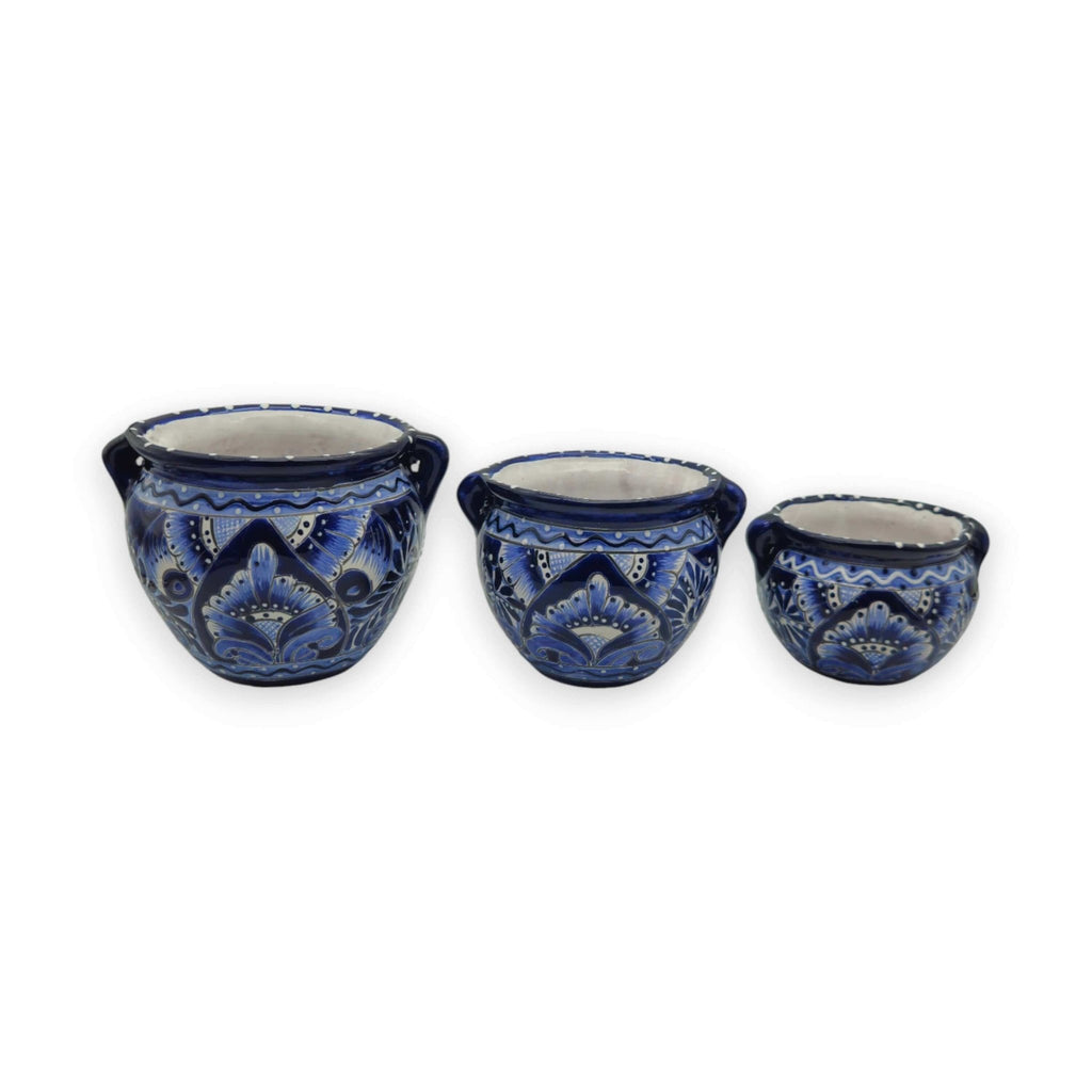Blue & White Talavera Planter Trio | Hand - Painted Pot Set Talavera Flower Pot La Vie Bien Blue & White Talavera Planter Trio | Hand - Painted Pot Set