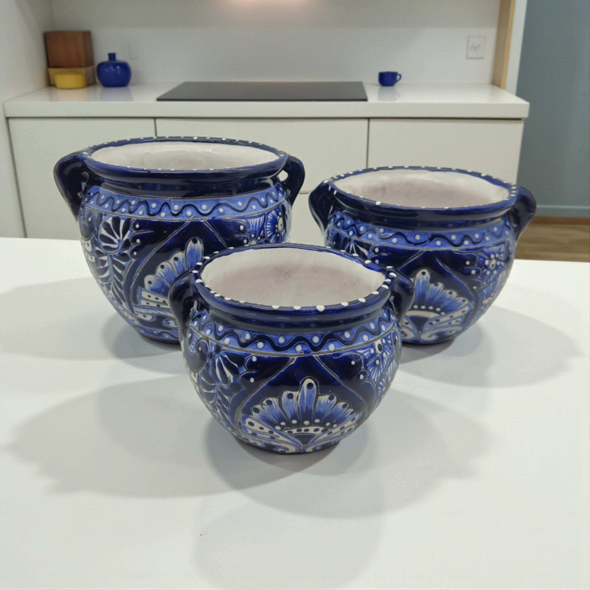 Blue & White Talavera Planter Trio | Hand - Painted Pot Set Talavera Flower Pot La Vie Bien Blue & White Talavera Planter Trio | Hand - Painted Pot Set