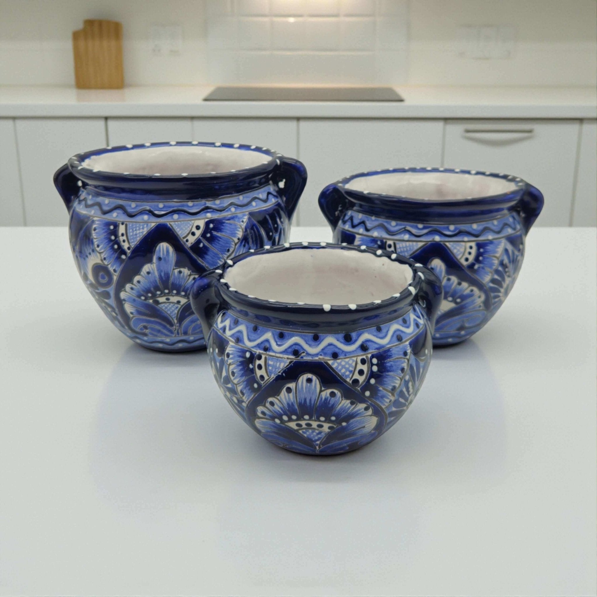 Blue & White Talavera Planter Trio | Hand - Painted Pot Set Talavera Flower Pot La Vie Bien Blue & White Talavera Planter Trio | Hand - Painted Pot Set