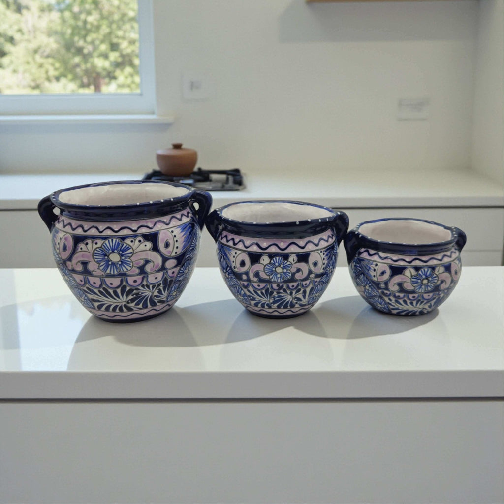 Blue & White Talavera Planter Trio | Hand - Painted Pot Set Talavera Flower Pot La Vie Bien Blue & White Talavera Planter Trio | Hand - Painted Pot Set