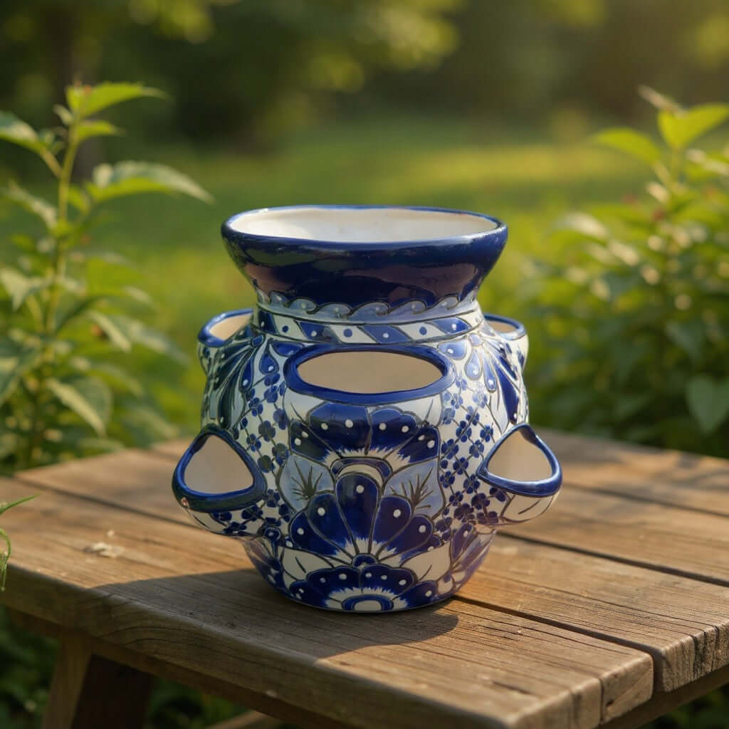 Blue & White Talavera Strawberry Planter | Handcrafted Mexican Pot Talavera Planter La Vie Bien Blue & White Talavera Strawberry Planter | Handcrafted Mexican Pot