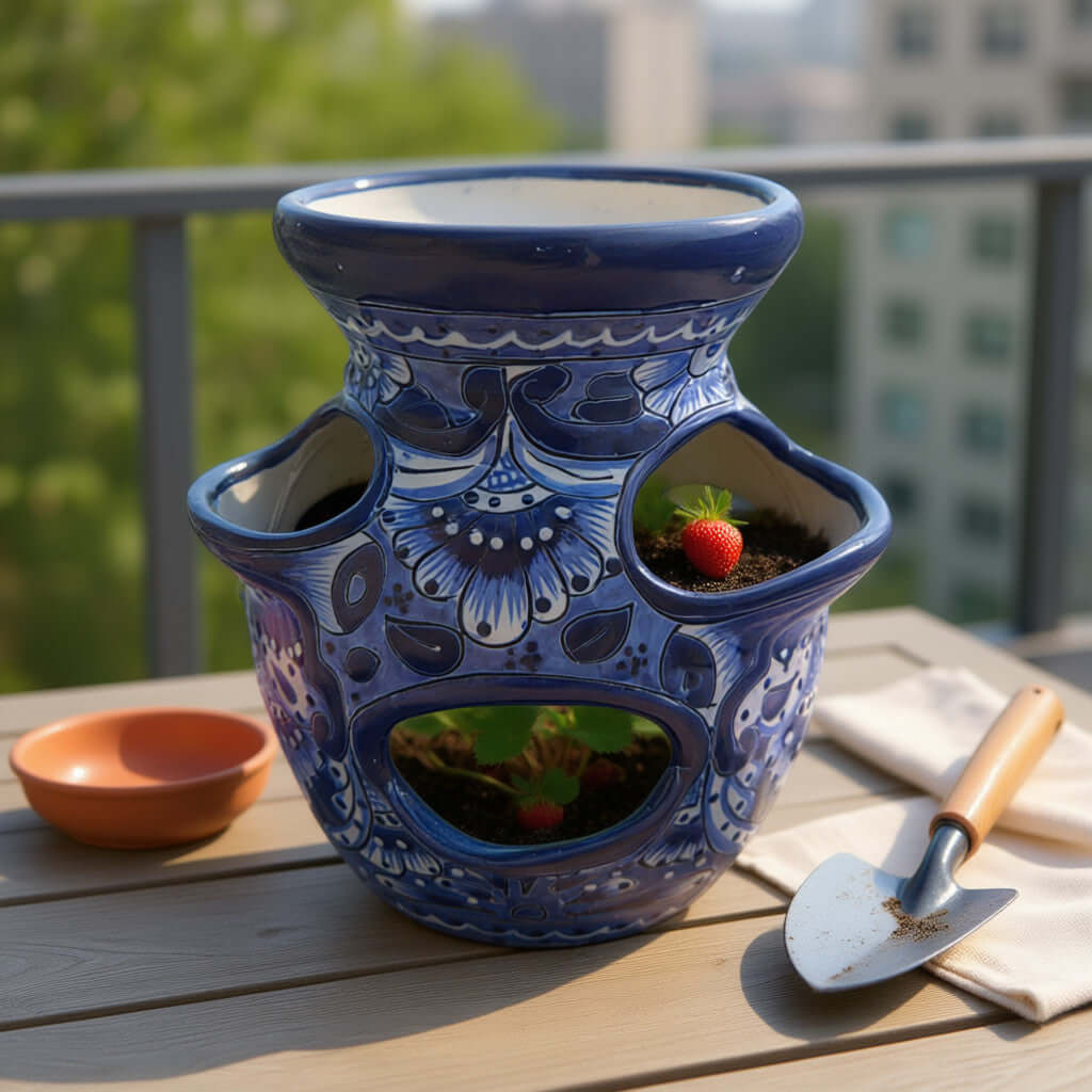 Blue & White Talavera Strawberry Planter | Handcrafted Mexican Pot Talavera Planter La Vie Bien Blue & White Talavera Strawberry Planter | Handcrafted Mexican Pot