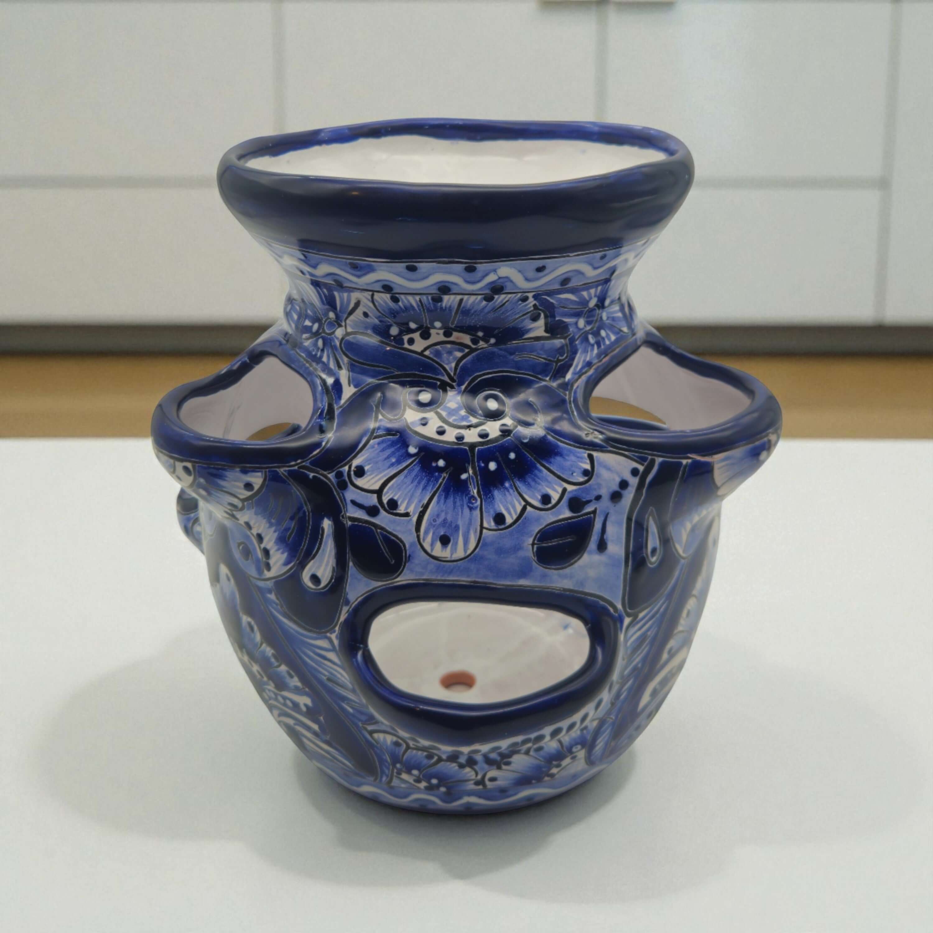 Blue & White Talavera Strawberry Planter | Handcrafted Mexican Pot
