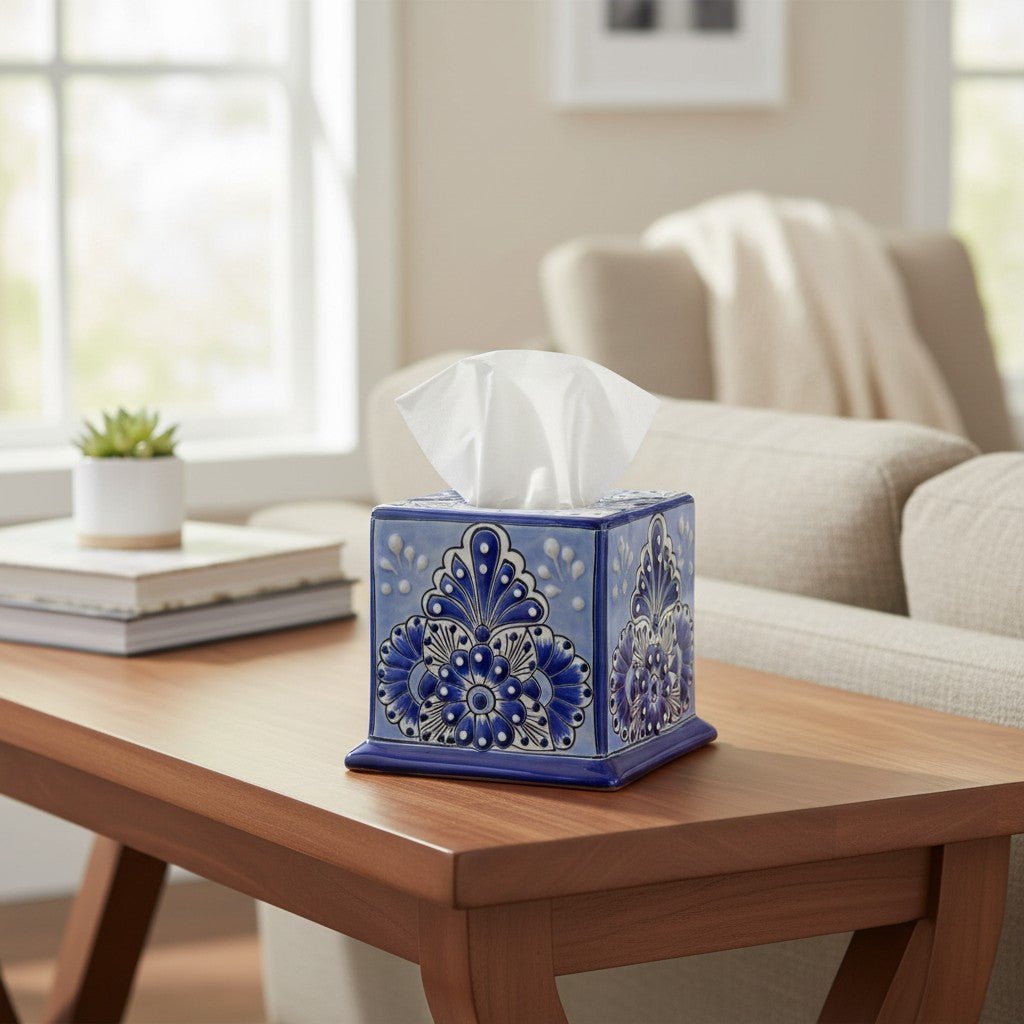 Blue & White Talavera Tissue Box Cover | Vibrant Mexican Decor Talavera Tissue Box La Vie Bien Blue & White Talavera Tissue Box Cover | Vibrant Mexican Decor