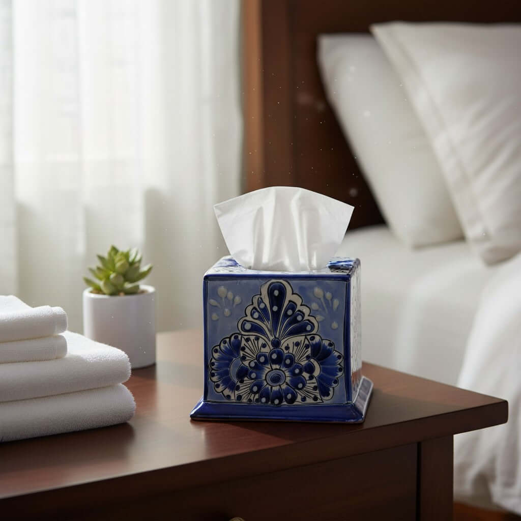 Blue & White Talavera Tissue Box Cover | Vibrant Mexican Decor Talavera Tissue Box La Vie Bien Blue & White Talavera Tissue Box Cover | Vibrant Mexican Decor