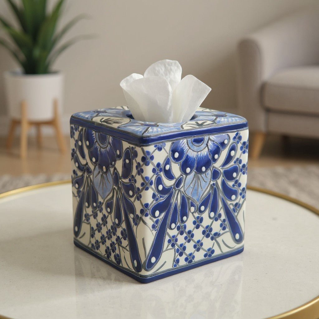 Blue & White Talavera Tissue Box | Handmade Mexican Accent Talavera Tissue Box La Vie Bien Blue & White Talavera Tissue Box | Handmade Mexican Accent