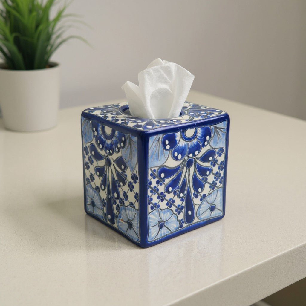 Blue & White Talavera Tissue Box | Handmade Mexican Accent Talavera Tissue Box La Vie Bien Blue & White Talavera Tissue Box | Handmade Mexican Accent