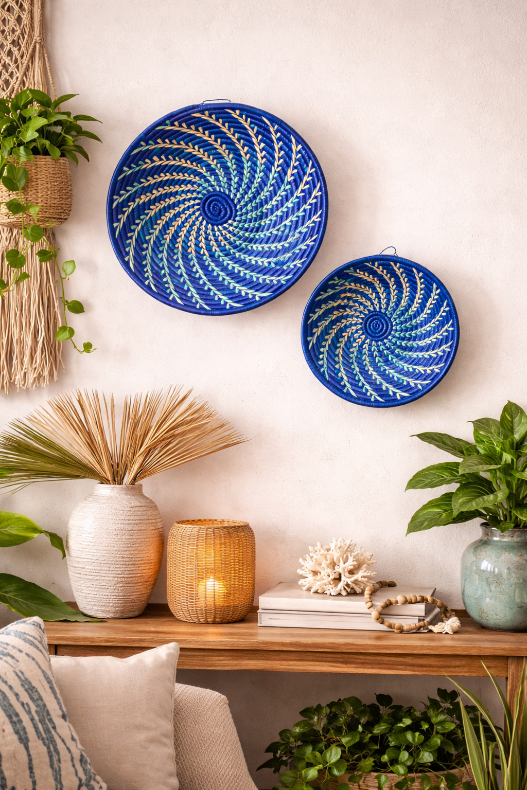 Blue White Woven African Wall Storage Baskets Set of 2 La Vie Bien Blue White Woven African Wall Storage Baskets Set of 2