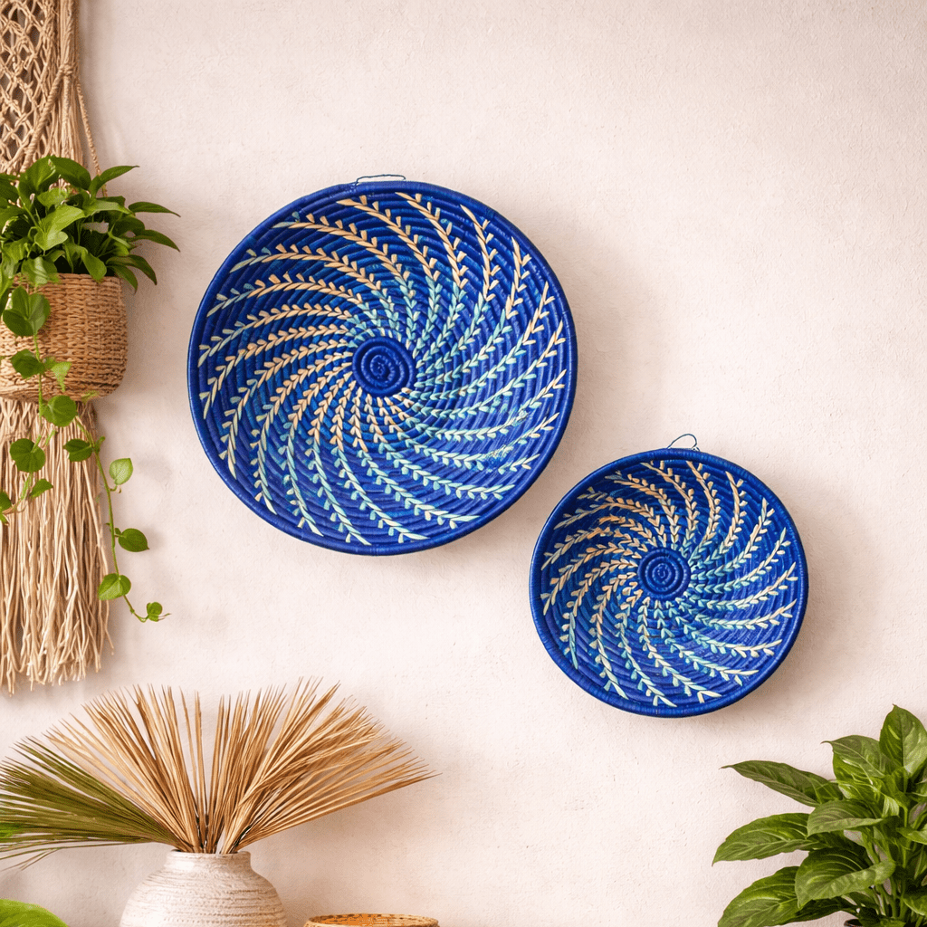 Blue White Woven African Wall Storage Baskets Set of 2 La Vie Bien Blue White Woven African Wall Storage Baskets Set of 2