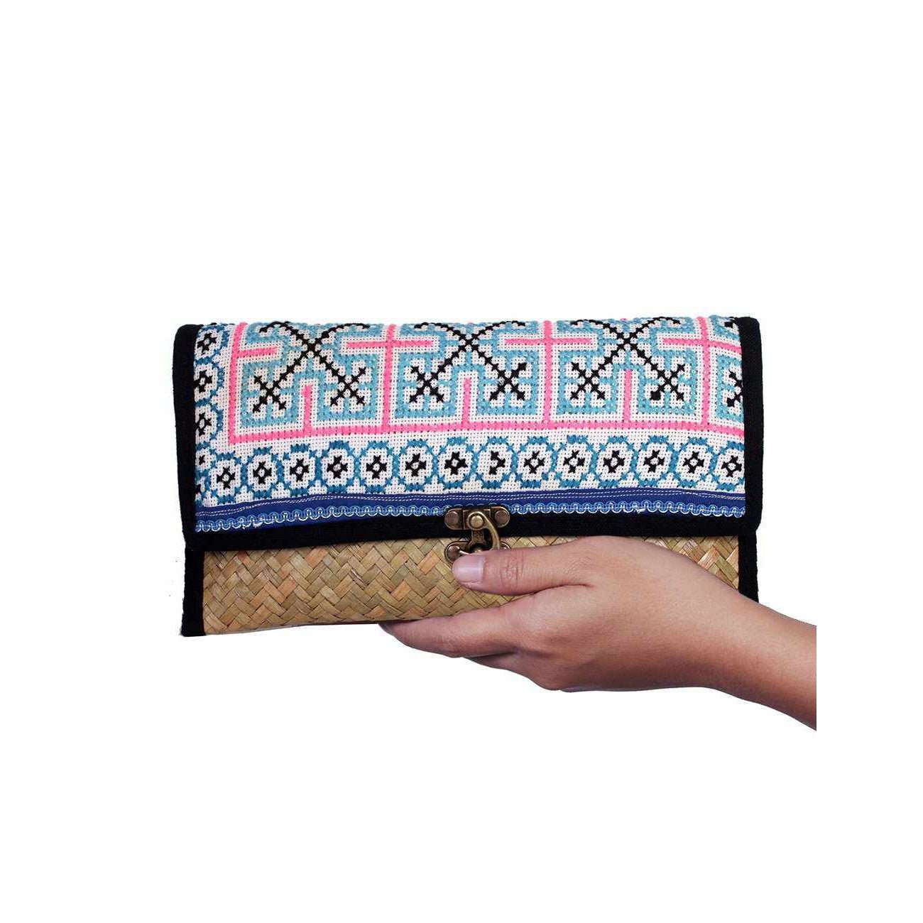 Boho Rattan Clutch with Vintage Embroidery - Thailand Bags La Vie Bien Boho Rattan Clutch with Vintage Embroidery - Thailand