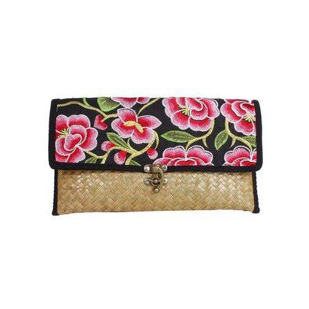 Boho Rattan Clutch with Vintage Embroidery - Thailand Bags La Vie Bien Boho Rattan Clutch with Vintage Embroidery - Thailand