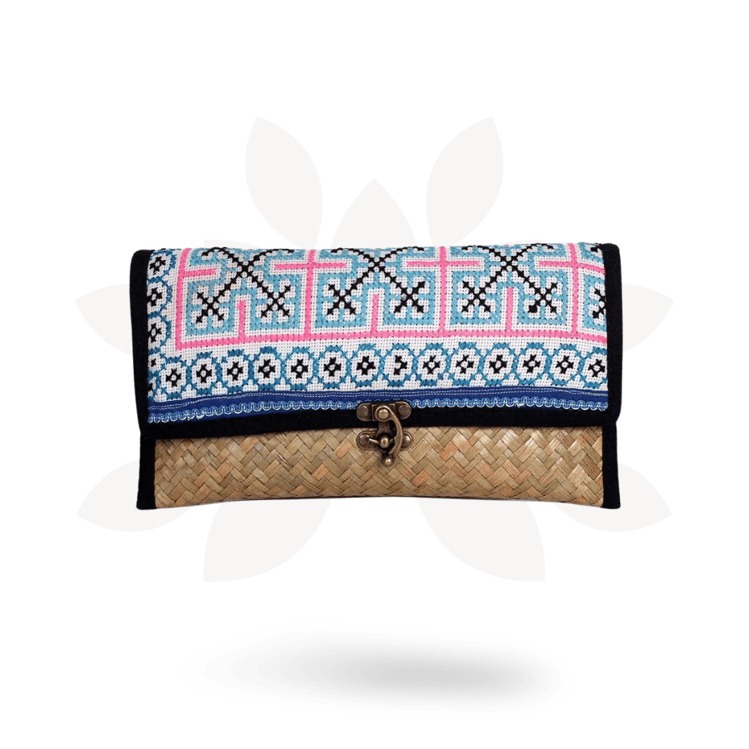 Boho Rattan Clutch with Vintage Embroidery - Thailand Bags La Vie Bien Boho Rattan Clutch with Vintage Embroidery - Thailand