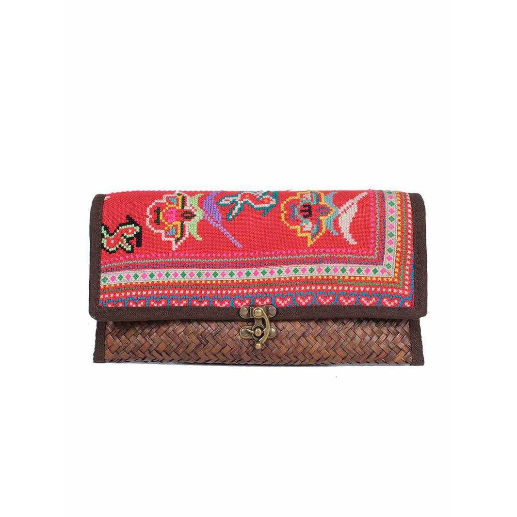 Boho Rattan Clutch with Vintage Embroidery - Thailand Bags La Vie Bien Boho Rattan Clutch with Vintage Embroidery - Thailand