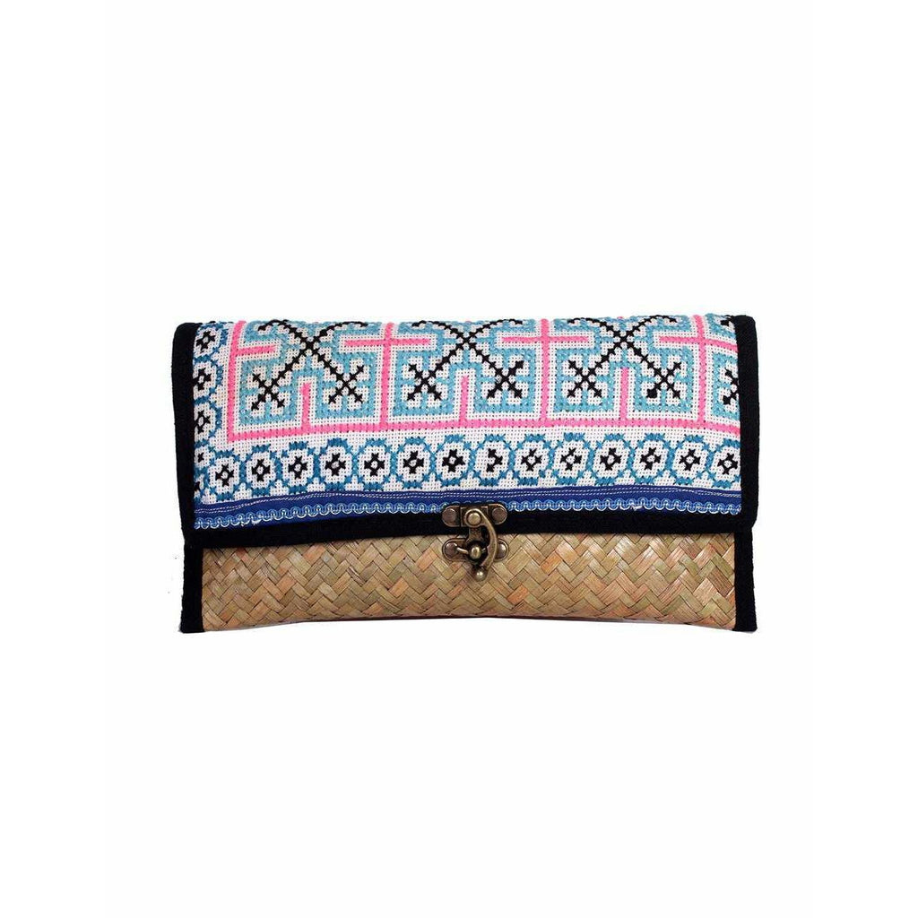 Boho Rattan Clutch with Vintage Embroidery - Thailand Bags La Vie Bien Boho Rattan Clutch with Vintage Embroidery - Thailand