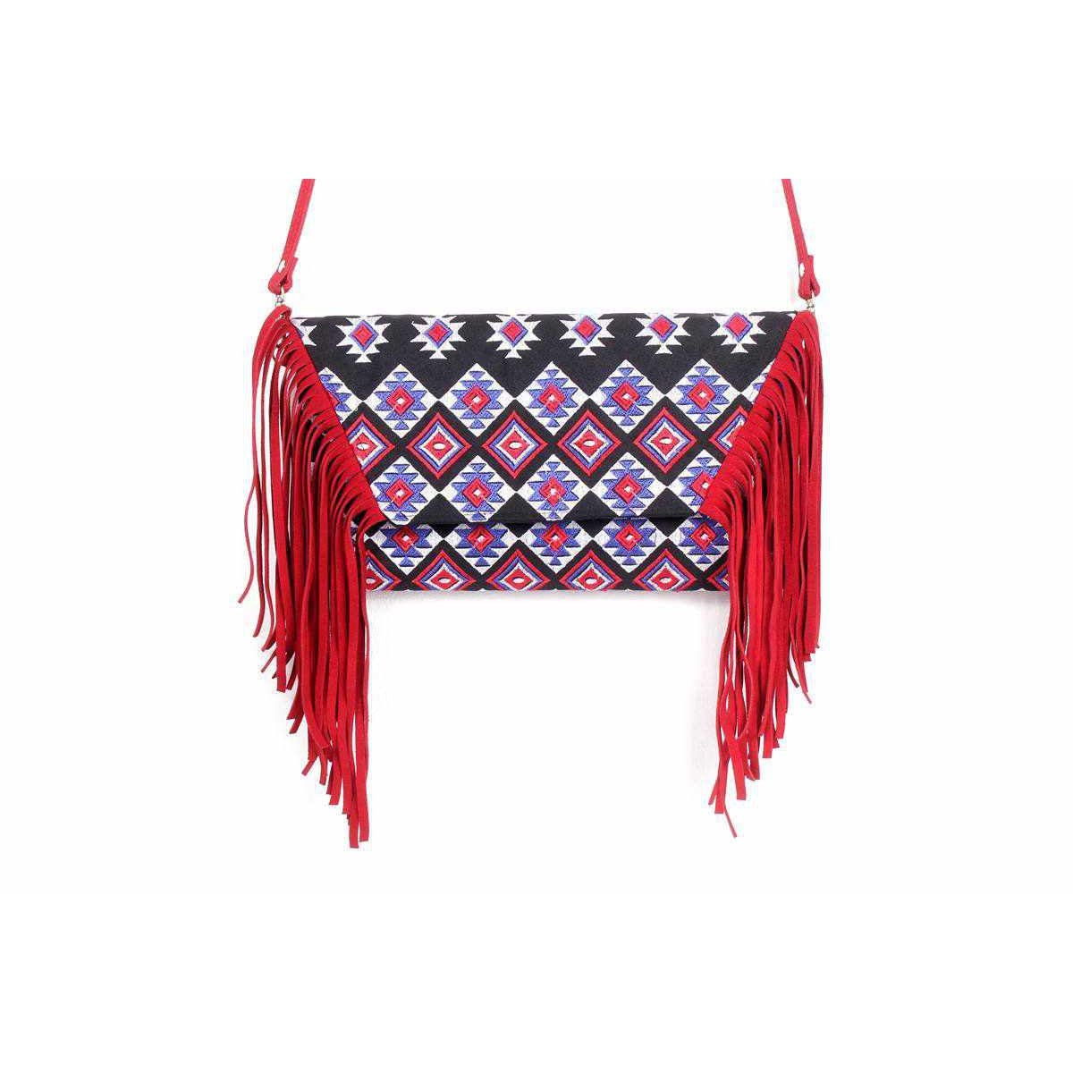 Boho Tribal Crossbody Embroidered Fringe Envelope Bag - Thailand Bags La Vie Bien Boho Tribal Crossbody Embroidered Fringe Envelope Bag - Thailand