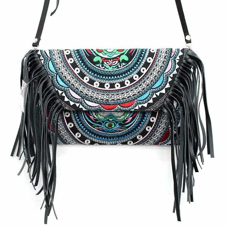 Boho Tribal Crossbody Embroidered Fringe Envelope Bag - Thailand Bags La Vie Bien Boho Tribal Crossbody Embroidered Fringe Envelope Bag - Thailand