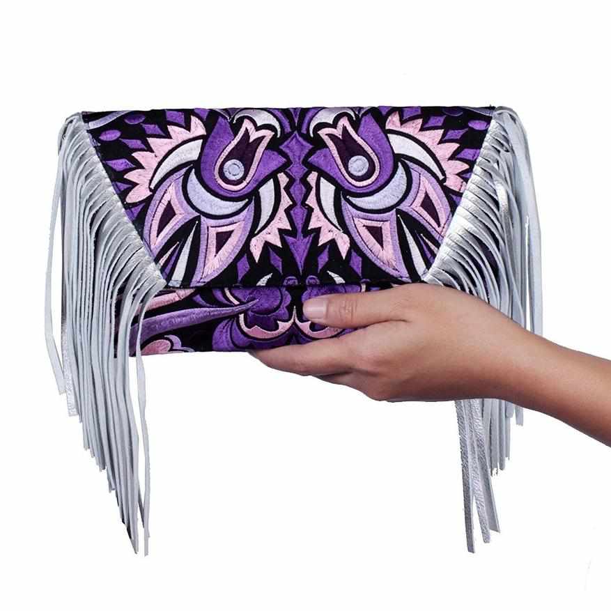 Boho Tribal Crossbody Embroidered Fringe Envelope Bag - Thailand Bags La Vie Bien Boho Tribal Crossbody Embroidered Fringe Envelope Bag - Thailand