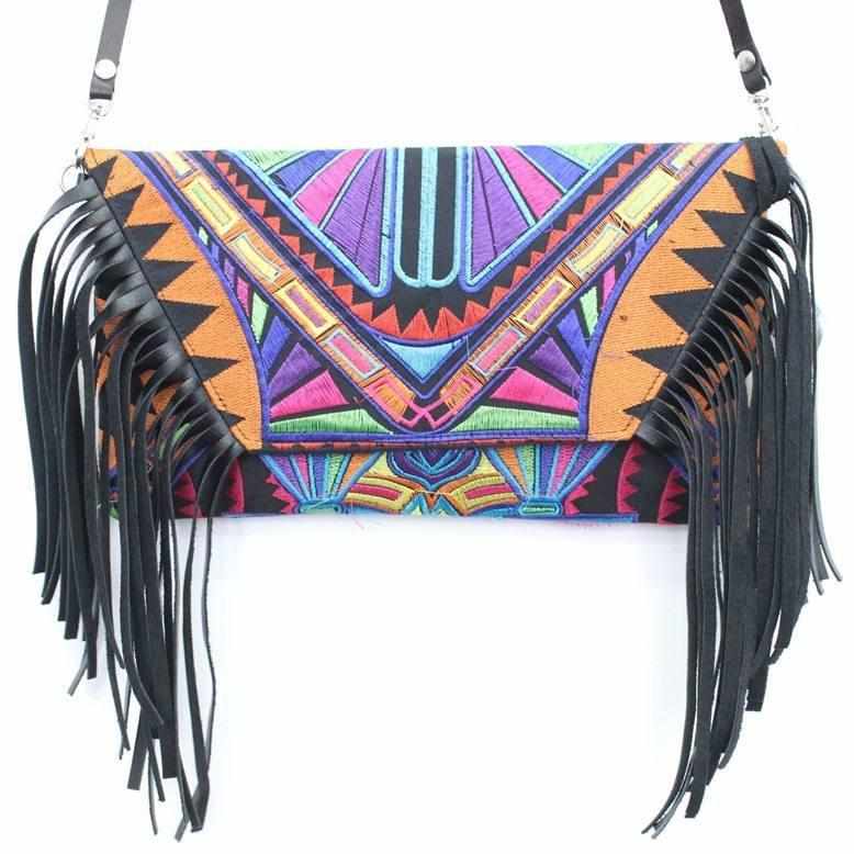 Boho Tribal Crossbody Embroidered Fringe Envelope Bag - Thailand Bags La Vie Bien Boho Tribal Crossbody Embroidered Fringe Envelope Bag - Thailand