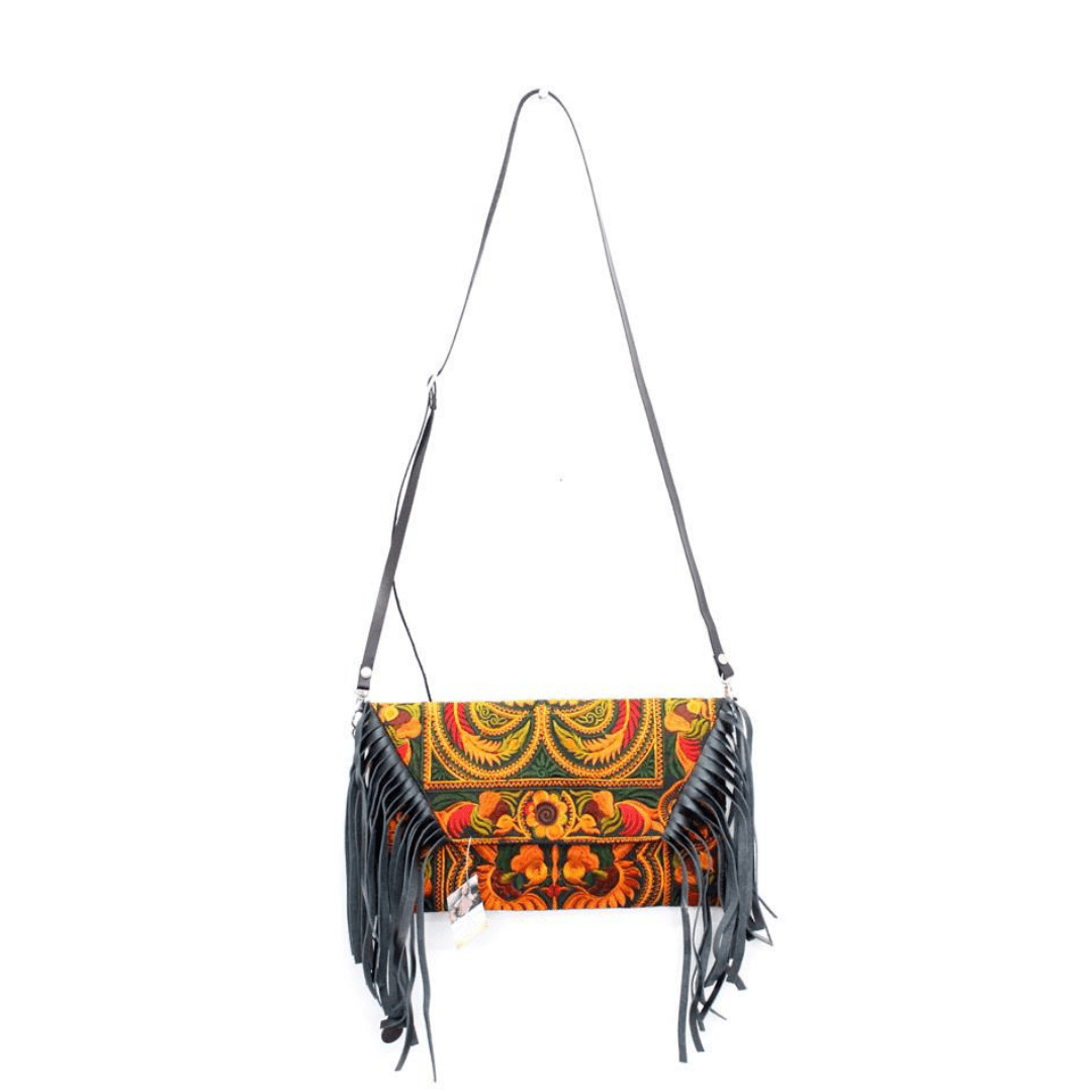 Boho Tribal Crossbody Embroidered Fringe Envelope Bag - Thailand Bags La Vie Bien Boho Tribal Crossbody Embroidered Fringe Envelope Bag - Thailand