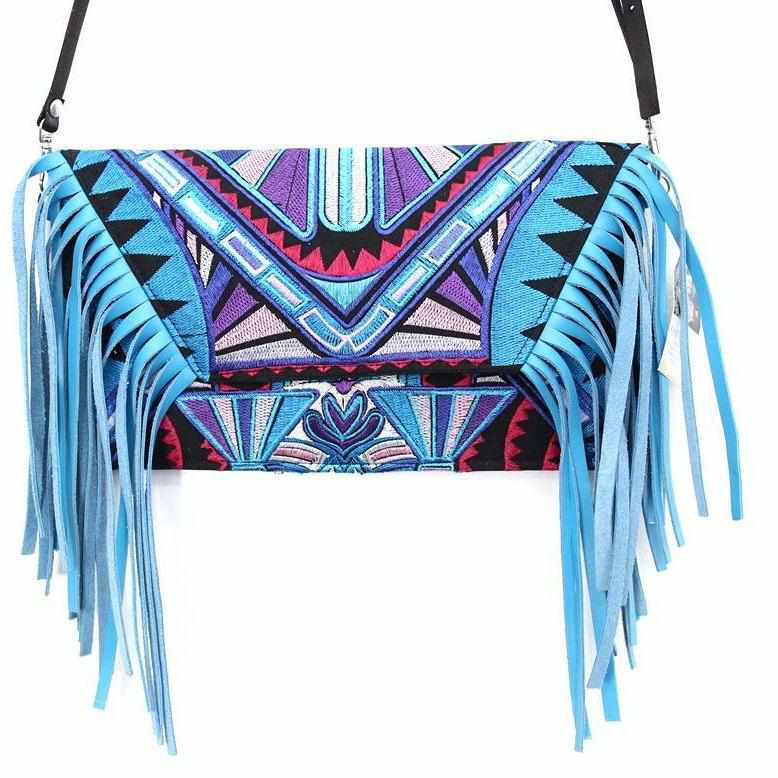 Boho Tribal Crossbody Embroidered Fringe Envelope Bag - Thailand Bags La Vie Bien Boho Tribal Crossbody Embroidered Fringe Envelope Bag - Thailand