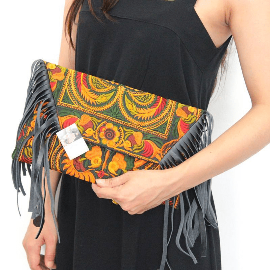 Boho Tribal Crossbody Embroidered Fringe Envelope Bag - Thailand Bags La Vie Bien Boho Tribal Crossbody Embroidered Fringe Envelope Bag - Thailand