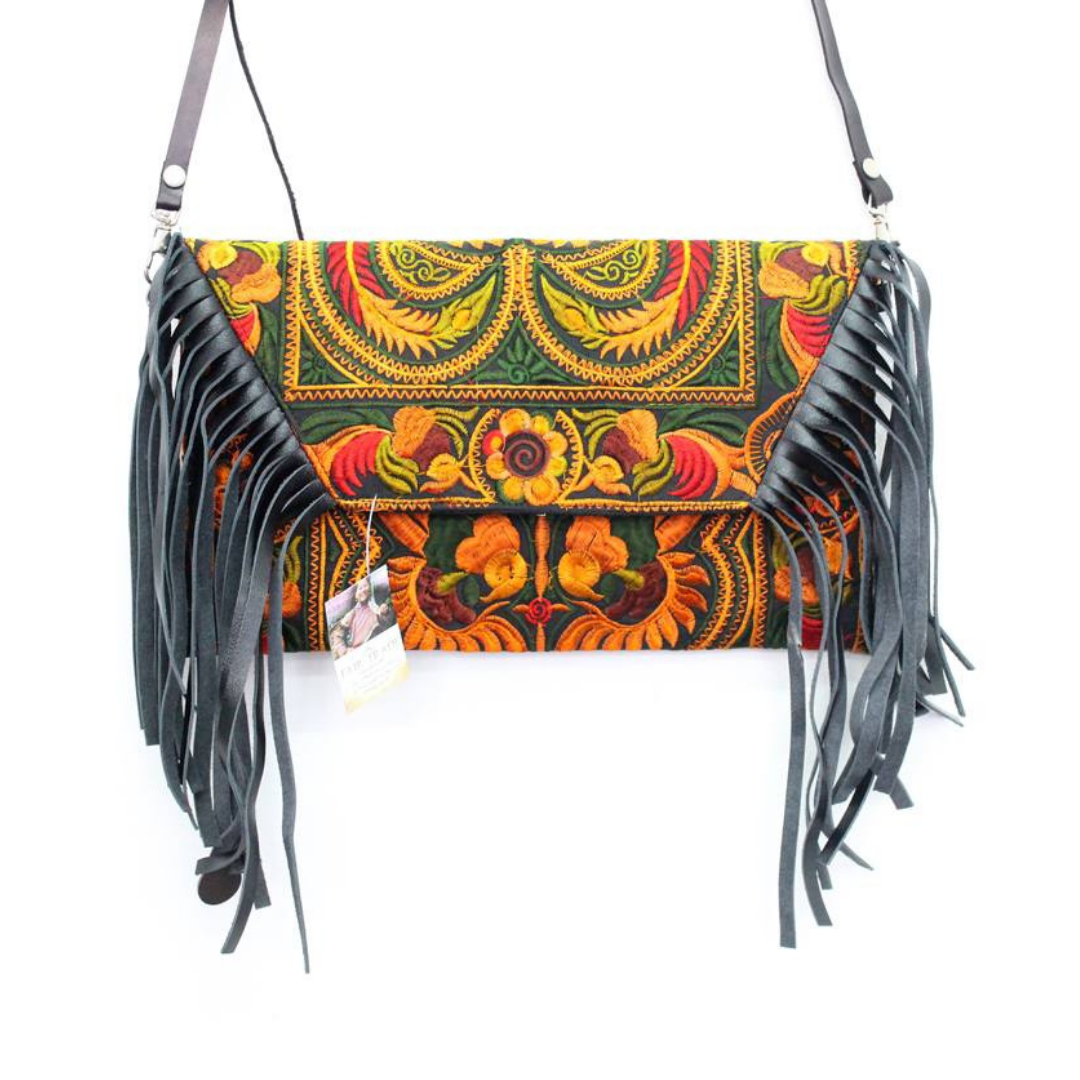 Boho Tribal Crossbody Embroidered Fringe Envelope Bag - Thailand Bags La Vie Bien Boho Tribal Crossbody Embroidered Fringe Envelope Bag - Thailand