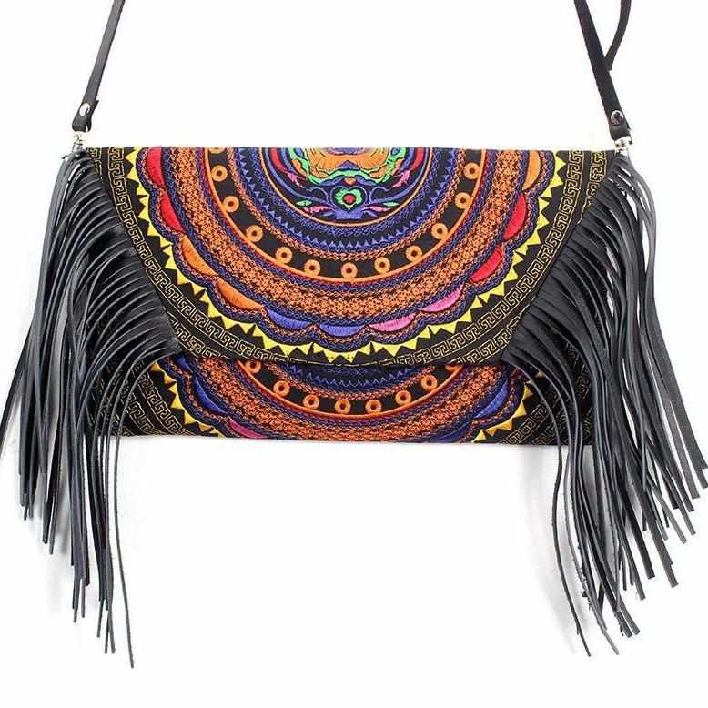 Boho Tribal Crossbody Embroidered Fringe Envelope Bag - Thailand Bags La Vie Bien Boho Tribal Crossbody Embroidered Fringe Envelope Bag - Thailand