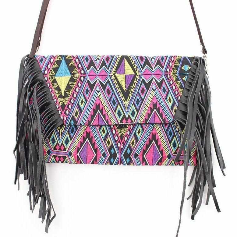Boho Tribal Crossbody Embroidered Fringe Envelope Bag - Thailand Bags La Vie Bien Boho Tribal Crossbody Embroidered Fringe Envelope Bag - Thailand