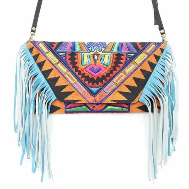 Boho Tribal Crossbody Embroidered Fringe Envelope Bag - Thailand Bags La Vie Bien Boho Tribal Crossbody Embroidered Fringe Envelope Bag - Thailand