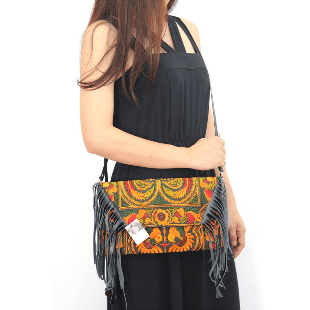 Boho Tribal Crossbody Embroidered Fringe Envelope Bag - Thailand Bags La Vie Bien Boho Tribal Crossbody Embroidered Fringe Envelope Bag - Thailand
