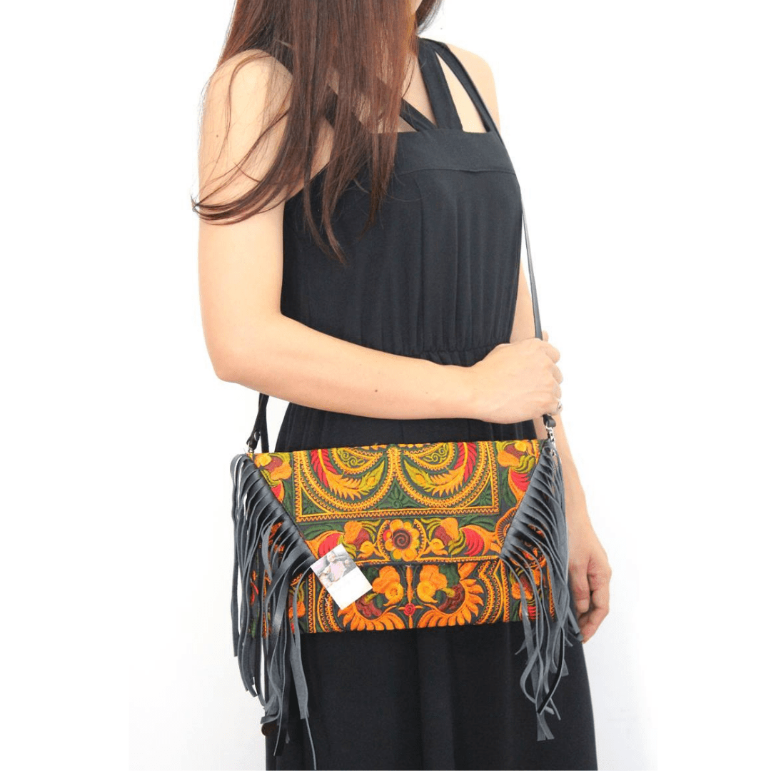 Boho Tribal Crossbody Embroidered Fringe Envelope Bag - Thailand Bags La Vie Bien Boho Tribal Crossbody Embroidered Fringe Envelope Bag - Thailand