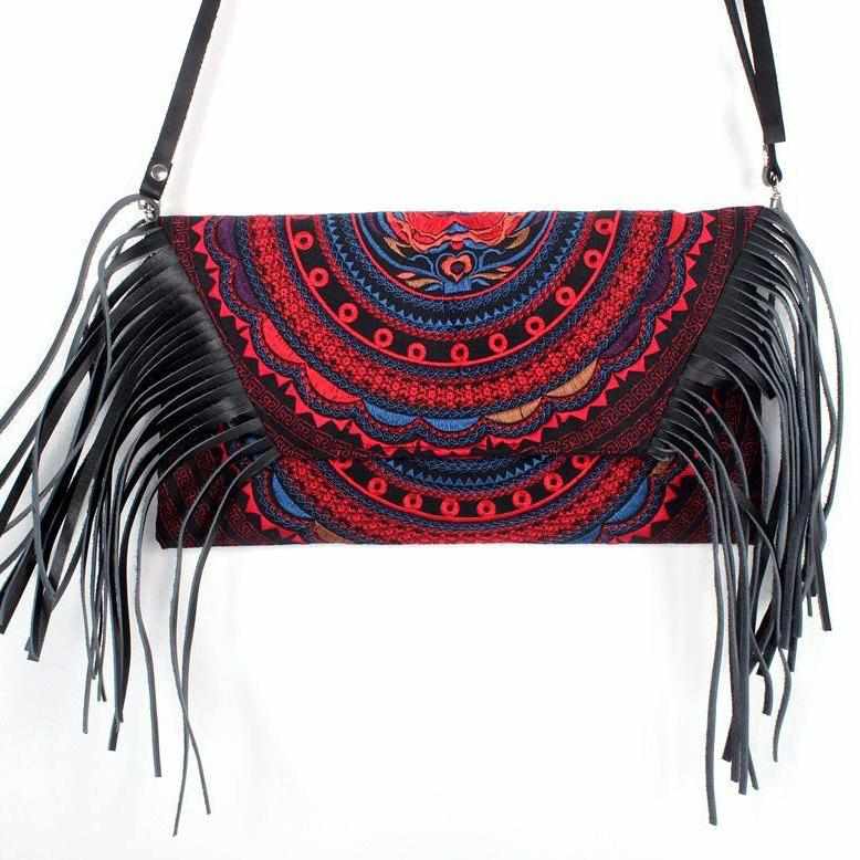 Boho Tribal Crossbody Embroidered Fringe Envelope Bag - Thailand Bags La Vie Bien Boho Tribal Crossbody Embroidered Fringe Envelope Bag - Thailand
