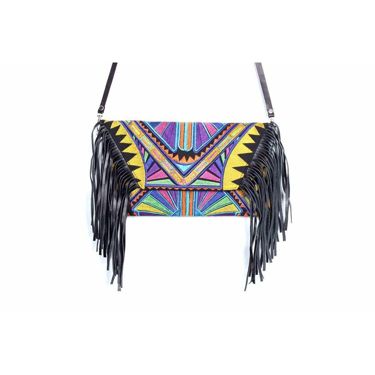 Boho Tribal Crossbody Embroidered Fringe Envelope Bag - Thailand Bags La Vie Bien Boho Tribal Crossbody Embroidered Fringe Envelope Bag - Thailand