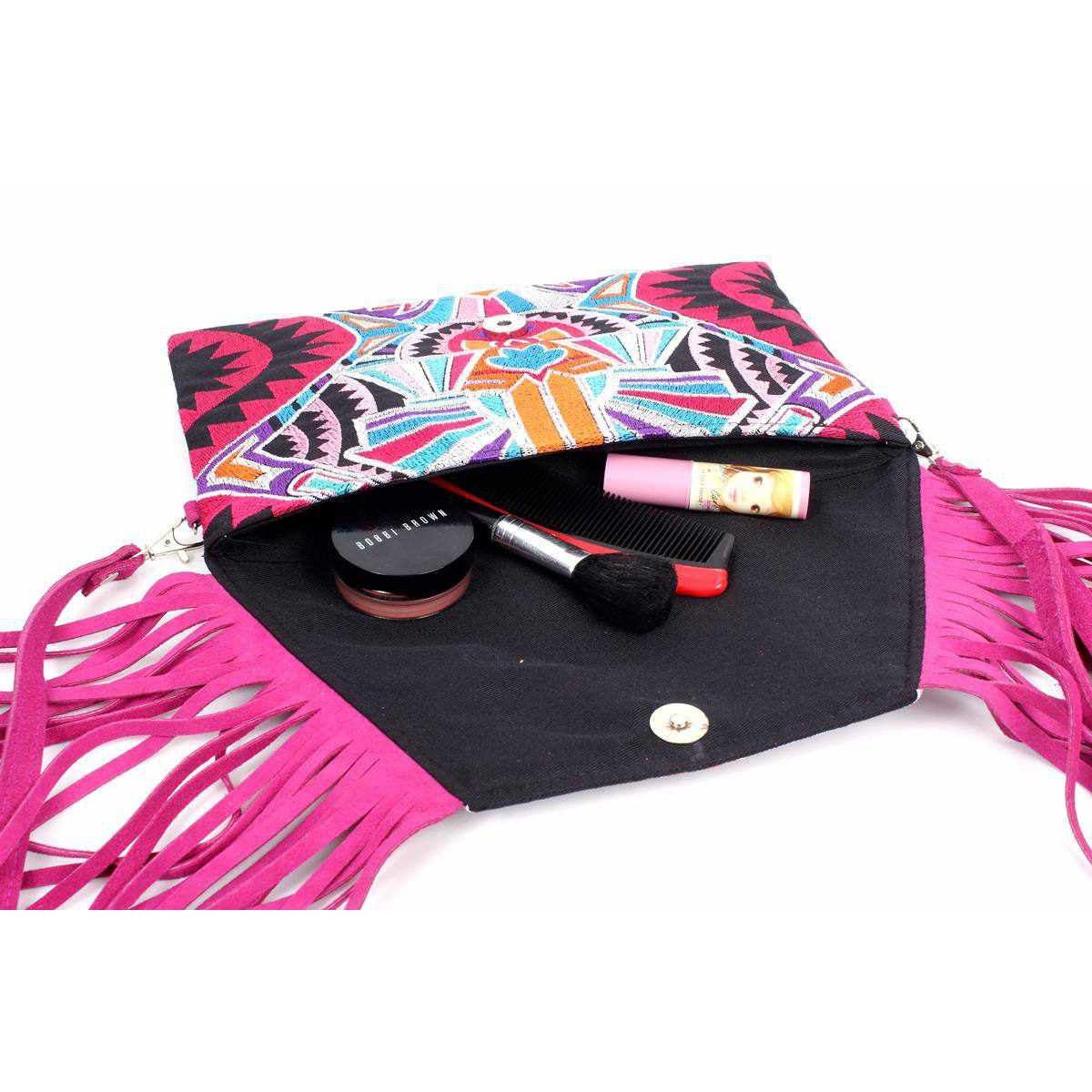 Boho Tribal Crossbody Embroidered Fringe Envelope Bag - Thailand Bags La Vie Bien Boho Tribal Crossbody Embroidered Fringe Envelope Bag - Thailand