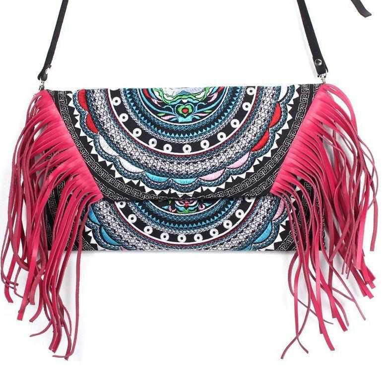 Boho Tribal Crossbody Embroidered Fringe Envelope Bag - Thailand Bags La Vie Bien Boho Tribal Crossbody Embroidered Fringe Envelope Bag - Thailand
